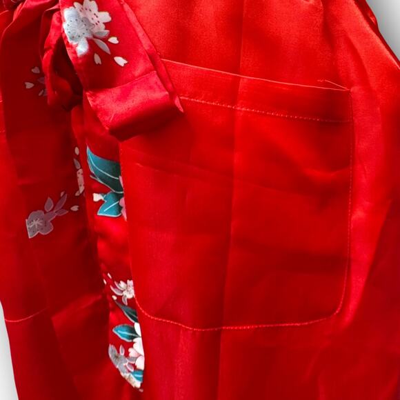 Vintage Red Satin Kimono Robe Embroidered Cranes Fans Floral Belted Long Gown - Picture 7 of 14